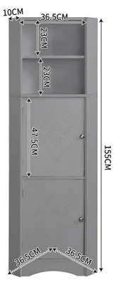 Image de Armoire de salle de bain - Armoire d'angle - 36,5 x 36,5 x 155 cm - Deux compartiments de rangement - Un compartiment ouvert - Étagère réglable - Gris