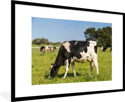 Produktbild von MuchoWow® Gerahmtes Poster Kuh - Gras - Tiere - Wald 90x60 cm - Poster mit Schwarzem Bilderrahmen Wandposter Rahmen Foto Bilder - Wanddekoration - Fotos