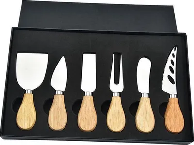 Imagen del producto de Juego de cuchillos para queso, de 6 piezas, de acero inoxidable con mango de bambú, en caja de regalo, para la cocina