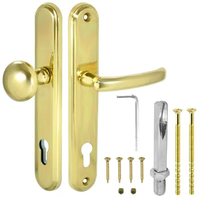 Immagine prodotto di Maniglia per porta con pomello e placca lunga, in ottone lucido