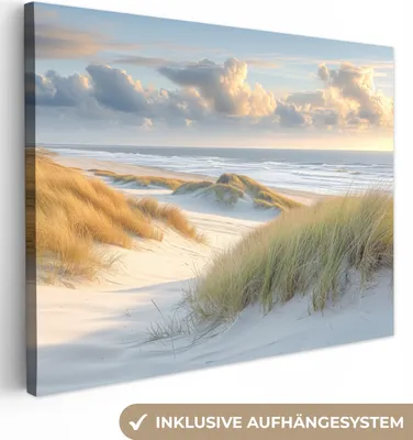 Produktbild von MuchoWow® - Leinwandbilder - Strand - Dünen - Borstgrasrasen - Wattenmeer, Wandbild, Wanddeko Bilder Wohnzimmer, 80x60cm
