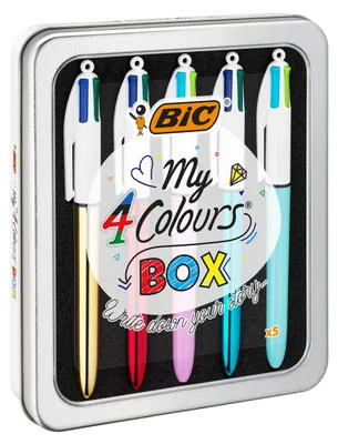Image de Stylo à bille rétractable BIC Collection 4 Colours 5 pièces boîte métal