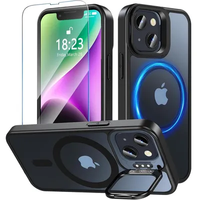 Immagine prodotto di Custodia protettiva con supporto e pellicola protettiva per iPhone 13/14, colore nero opaco