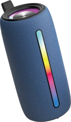 A blue portable Bluetooth speaker with colorful LED lights.