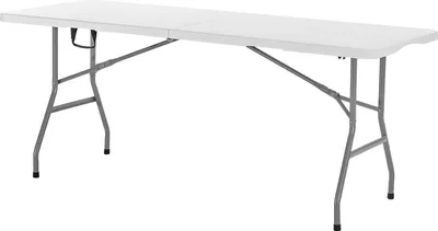 Produktbild von SucceBuy Klapptisch Buffettisch tragbarer Allzwecktisch 180 cm, rechteckiger Kunststofftisch (für 4-6 Personen) mit integriertem Griff, Gartentisch Campingtisch für Partys, Picknick und Camping, weiß