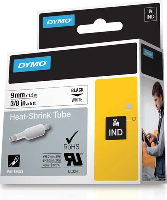 Zdjęcie produktu dla DYMO Rhino przemysłowe rurki termokurczliwe | 9 mm x 1,5 m | czarny nadruk na białym | samoprzylepne, D1, Belgia, 1,5 m, 1 szt., 34 mm, 85 mm
