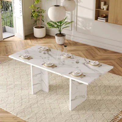 Image de Table à rallonges rectangulaire 140/180 x 80 cm pour 6 personnes, en MDF aspect marbre blanc, stable et modulable, table moderne pour salle à manger ou cuisine