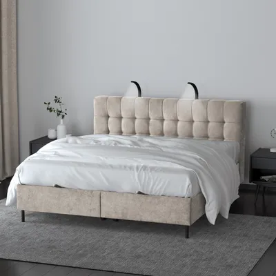 Produktbild von Boxspringbett Muna Doppelbett mit Pocketmatratze 17 cm Topper Bett mit Bettkasten Polsterbett aus velours, Große: 186 x 200 cm, Stoff: aston 02 - beige
