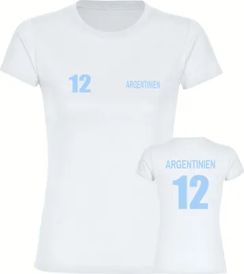 Produktbild von multifanshop Damen T-Shirt - Argentinien - Trikot Nummer 12, weiß, Größe L