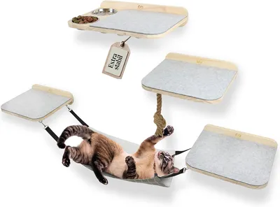 Produktbild von Petriumph® Katzen-Kletterwand 8-teilig – Wandkratzbaum mit Hängematte, Kratzseil & Futternäpfen