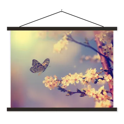 Produktbild von MuchoWow® Textilposter Schmetterlinge - Blüte - Zweig - Baum 60x45 cm mit schwarzem Rahmen - Poster Schlafzimmer