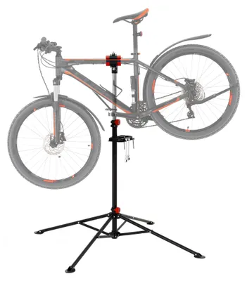 Immagine prodotto di ECD Germany Cavalletto di montaggio e-bike MTB Profi, cavalletto per riparazioni ruotabile a 360°/regolabile in altezza 105-185 cm, robusto cavalletto per tutti i tipi di bici, portata fino a 50 kg, base del cavalletto a 4 gambe, vassoio portautensili magnetico