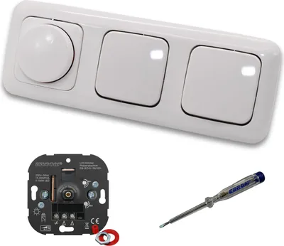 Produktbild von EBROM 1001 LED Drehdimmer Dimmer + Busch Jäger Dimmerscheibe 2115-214 und 2 x Lichtschalter 2000/6 US in Reflex Si alpinweiß glänzend inklusive EBROM Phasenprüfer zur Montage der Geräte