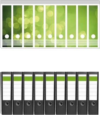 Produktbild von Wallario 9 Stück breite Ordner inkl. Klebeetiketten mit Motive Abstrakte grüne Kreise  grüne Lichtpunkte -  Set mit Rückenschildern / Ordnerrücken Stickern