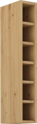 A tall, narrow cabinet with multiple shelves, made of wood with a light oak finish.