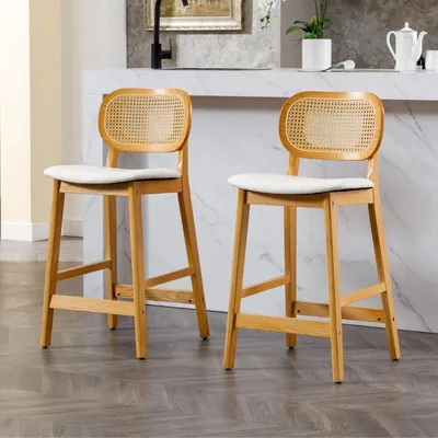 Productafbeelding van Barstoelen, set van 2, hout, Polyurethanleer, rieten rugleuning, wit, 67 cm zithoogte