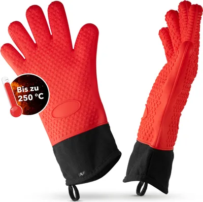 Two red silicone oven mitts with black cuffs are displayed against a white background. A circular graphic with a thermometer and German text is on the left mitt.