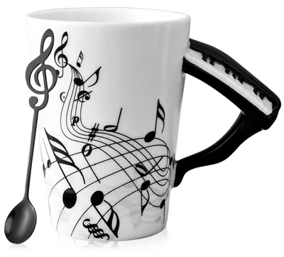 Image de Tasse en céramique de 250 ml avec anse en forme de piano et cuillère décorée de notes de musique