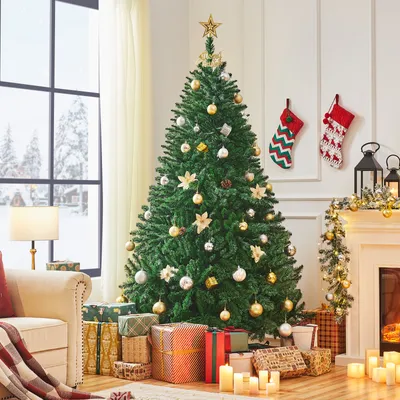 Produktbild von Yaheetech 213,5 cm Künstlicher Weihnachtsbaum, PVC Tannenbaum mit 1347 Spitzen, inkl. Metall Ständer in Holzoptik, schwer entflammbar