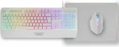 A white keyboard and mouse are shown on a white surface.