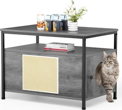 Produktbild von Versteckte Katzenklo Möbel - Beistelltisch mit Regal - Holz Katzentoiletten Schrank - Halbgeschlossenes Katzenhaus - Indoor Katzentoilette - Grau