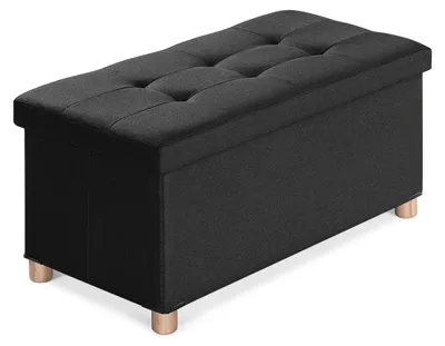 Image de Banc de rangement avec 4 pieds en bois et revêtement en lin
