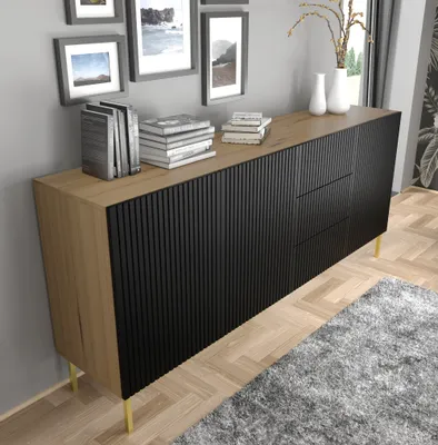 Produktbild von Kommode RAVENNA B 200 cm 3D3S rahmen ARTISAN EICHE / SCHWARZ MATT Sideboard MDF 3 Türen 3 Schubladen mit Metallfüße Metallrahmen Beine Golden oder Schwarz Metallrahmen Highboard Schrank offene Regale Büfett mit gefräster fronten