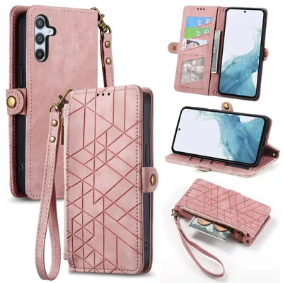 Produktbild von Für Samsung Galaxy A56 / A36 Geometric Design Kunstleder Zipper Book Wallet Tasche mit Schlaufe Rosa