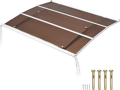Image de Auvent d'entrée SucceBuy, 94 x 119 cm, auvent extérieur pour porte d'entrée et fenêtre avec système de drainage et support ABS, protection contre la pluie, la neige et le soleil, toit en polycarbonate pour véranda et terrasse, marron