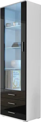 Obrázek produktu pro Nábytek24 Vitrína s modrým LED osvětlením SOHO S1 Vitrína Podlahová skříňka Úložná skříňka Prosklená skříňka Skříňka do obývacího pokoje Bílá/černá vysoký lesk