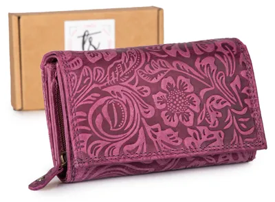 Produktbild von Ekavale Große Damen Geldbörse Echt Leder mit Blumenprägung RFID Portemonnaie Lila