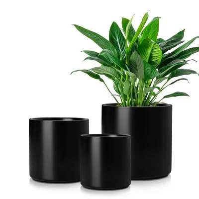 Produktbild von vancasso Steingut Blumentopf, 3-tlg zylindrischer Pflanztöpfen für Sukkulenten, Grünpflanzen, rund, Schwarz