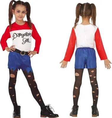 A young girl is shown wearing a costume, with front and back views presented side-by-side.