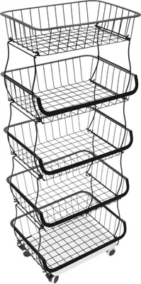 Image de Chariot de rangement pour cuisine - Chariot à roulettes à 5 niveaux - Acier au carbone - 10 kg par niveau - Réglable - 41 × 29 × 112 cm - Noir