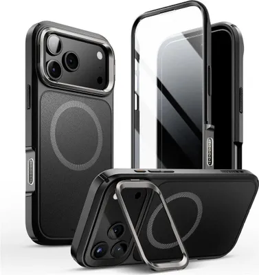 Three views of a black and gray iPhone case with a clear back and a magnetic ring, shown from different angles.
