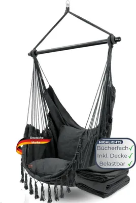 Produktbild von Hängesessel Indoor ohne Gestell MELA - Mit Kuscheldecke & Bücherfach | Hängestuhl mit Kissen Hängeschaukel Outdoor bis 120kg, Anthrazit