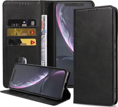 Produktbild von Smartphonica iPhone Xr Kunstledertasche  mit Magnetverschluss und Kartenhaltern Buchhülle - Schwarz