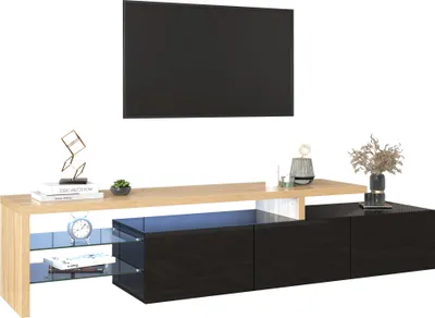 Immagine prodotto di Fortuna Lai Mobile TV nero con finitura lucida, aspetto legno, ripiani in vetro, illuminazione LED, dimensioni 197x39x42 cm