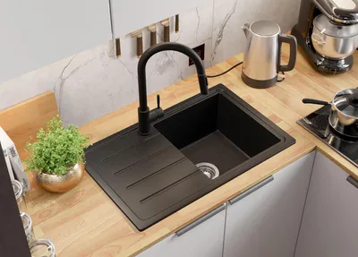 Produktbild von Granitspüle Alles Schwarz 70x44cm, Spülbecken 1 Becken + Küchenarmatur 40x20cm + Ablauf-Set, Küchenspüle ab 45er Unterschrank - Kopenhagen Easy S054