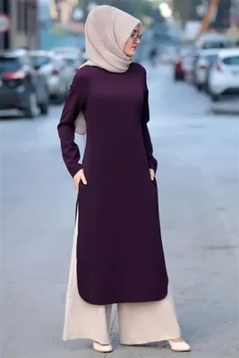 Produktbild von Abendkleid Zweiteilges Outfit Tunika & Hose Lang Hijab Lila 40 Tesettür S-945