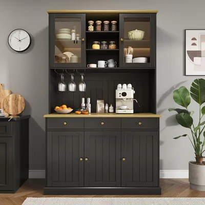 Produktbild von Merax Buffetschrank Hochschrank mit Glastüren und Gläserhalter, Küchenschrank mit Schublade und verstellbaren Böden,Steckdose USB-C und USB-A, Schwarz