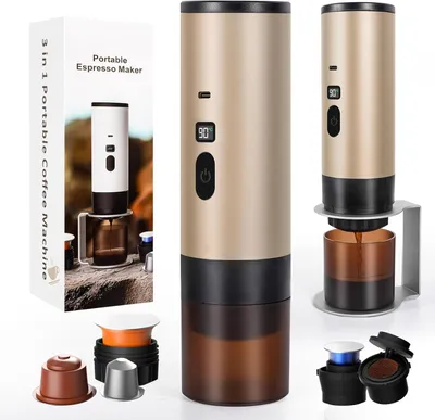 Produktbild von Tragbare 3-in-1 Mini Espressomaschine 20 Bar mit Selbsterhitzung, LED Anzeige, Akku 7800mAh, kompatibel mit Kapseln & Pulver für Reise & Camping
