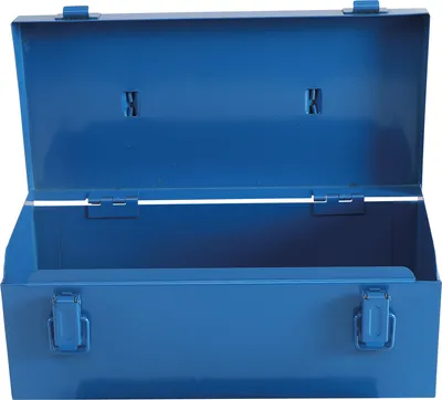 An open blue metal toolbox.
