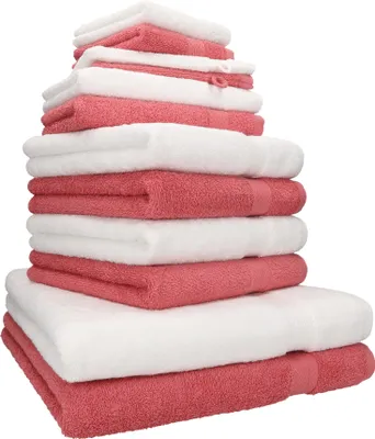 Produktbild von Betz 12-tlg. Handtuch-Set PREMIUM 2 Duschtücher 4 Handtücher 2 Gästetücher 2 Seiftücher 2 Waschhandschuhe  Farbe: weiss / himbeere
