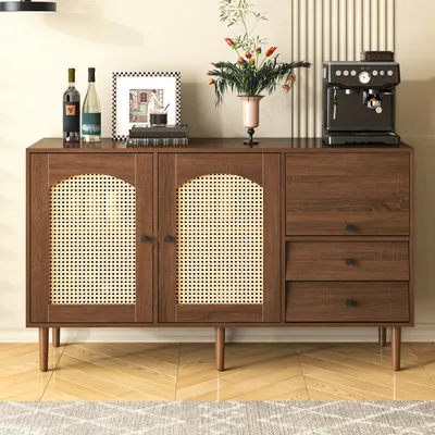 Produktbild von MODFU Kommode Rattan Sideboard mit 3 Türen und 2 unregelmäßigen Schubladen, 130*75.5*40 cm, Holzfarbe
