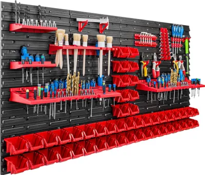 Obrázek produktu pro Skladovací systém Dílenské regály | 156 x 78 cm | 48 ks. Box | Nástěnný regál s držáky na nářadí a stohovatelnými boxy - Nástěnné desky Extra silné regály s přihrádkami Nástěnná deska s otvory pro nářadí Skladovací regál Garážový regál