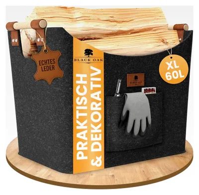 Produktbild von Montana XL 60L Filzkorb und Holzkorb für Kaminholz - Echtlederapplikation, breite Griffe und große Fronttasche - Faltbare Filztasche für Transport und Aufbewahrung in Anthrazit