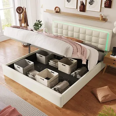 Produktbild von Weißes Polsterbett 140 x 200 cm mit LED-Beleuchtungsleiste und Stauraum - Funktionsbett Kunstleder