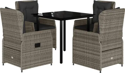 A four-piece outdoor dining set with a square table and four chairs, all made of grey poly rattan with dark grey cushions.