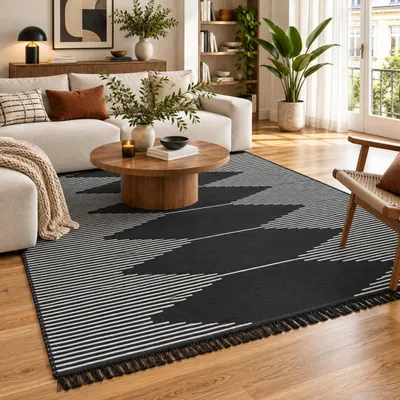 Produktbild von Designer Teppich Beidseitig Ethno Kelim Schwarz Grau Trend, Größe:160x230 cm, KI-generiertes Bild